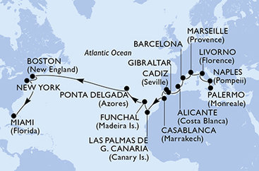 Itálie, Francie, Španělsko, Velká Británie, Maroko, Madeira, Portugalsko, USA z Palerma na lodi MSC Meraviglia