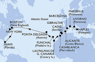 Itálie, Francie, Španělsko, Velká Británie, Maroko, Madeira, Portugalsko, USA z Neapole na lodi MSC Meraviglia