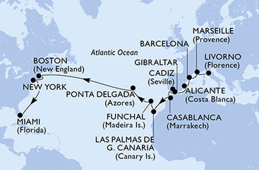 Itálie, Francie, Španělsko, Velká Británie, Maroko, Madeira, Portugalsko, USA z Livorna na lodi MSC Meraviglia