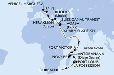 Itálie, Chorvatsko, Kréta, Řecko, Egypt, Jordánsko, Seychely, Madagaskar, Mauricius, Reunion, Jihoafrická republika z Marghery na lodi MSC Armonia