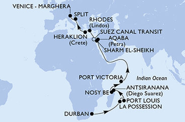 Jihoafrická republika, Reunion, Mauricius, Madagaskar, Seychely, Jordánsko, Egypt, Řecko, Kréta, Chorvatsko, Itálie z Durbanu na lodi MSC Armonia