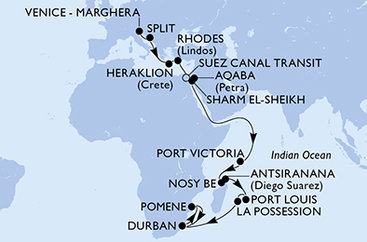 Itálie, Chorvatsko, Kréta, Řecko, Egypt, Jordánsko, Seychely, Madagaskar, Mauricius, Reunion, Jihoafrická republika, Mosambik z Marghery na lodi MSC Armonia