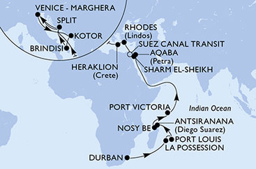 Jihoafrická republika, Reunion, Mauricius, Madagaskar, Seychely, Jordánsko, Egypt, Řecko, Kréta, Chorvatsko, Itálie, Černá Hora z Durbanu na lodi MSC Armonia