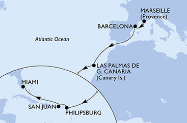 Francie, Španělsko, Svatý Martin, USA z Marseille na lodi MSC Grandiosa