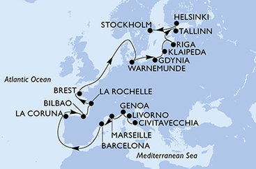 Itálie, Francie, Španělsko, Německo, Polsko, Litva, Lotyšsko, Estonsko, Finsko, Švédsko z Civitavecchia na lodi MSC Magnifica