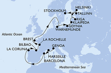 Itálie, Francie, Španělsko, Německo, Polsko, Litva, Lotyšsko, Estonsko, Finsko, Švédsko z Janova na lodi MSC Magnifica