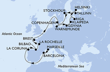 Francie, Španělsko, Německo, Polsko, Litva, Lotyšsko, Estonsko, Finsko, Švédsko, Dánsko z Marseille na lodi MSC Magnifica