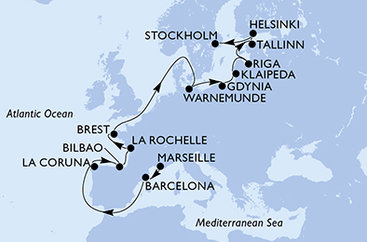 Francie, Španělsko, Německo, Polsko, Litva, Lotyšsko, Estonsko, Finsko, Švédsko z Marseille na lodi MSC Magnifica