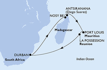 Jihoafrická republika, Madagaskar, Mauricius, Reunion z Durbanu na lodi MSC Opera