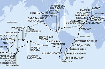 Španělsko, Velká Británie, Maroko, Kapverdy, Brazílie, Argentina, Zámořské území Velké Británie, Chile, Francouzská Polynésie, Cookovy ostrovy, Nový Zéland, Austrálie, Nová Kaledonie, Vanuatu, Samoa, Americká Samoa, USA, Mexiko, Kostarika, Panama, Jamajka, Britské Panenské ostrovy, Svatý Martin, Itálie, Francie z Barcelony na lodi MSC Magnifica