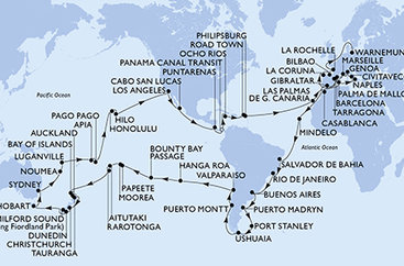 Itálie, Francie, Španělsko, Velká Británie, Maroko, Kapverdy, Brazílie, Argentina, Zámořské území Velké Británie, Chile, Francouzská Polynésie, Cookovy ostrovy, Nový Zéland, Austrálie, Nová Kaledonie, Vanuatu, Samoa, Americká Samoa, USA, Mexiko, Kostarika, Panama, Jamajka, Britské Panenské ostrovy, Svatý Martin, Německo z Janova na lodi MSC Magnifica