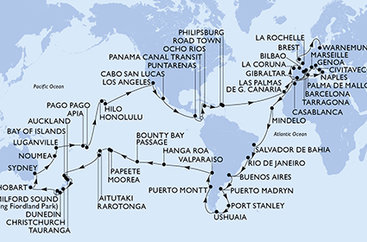 Itálie, Francie, Španělsko, Velká Británie, Maroko, Kapverdy, Brazílie, Argentina, Zámořské území Velké Británie, Chile, Francouzská Polynésie, Cookovy ostrovy, Nový Zéland, Austrálie, Nová Kaledonie, Vanuatu, Samoa, Americká Samoa, USA, Mexiko, Kostarika, Panama, Jamajka, Britské Panenské ostrovy, Svatý Martin, Německo z Janova na lodi MSC Magnifica