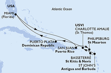 USA, Svatý Martin, Svatý Kryštof a Nevis, Antigua a Barbuda, Dominikánská republika z Miami na lodi MSC Divina
