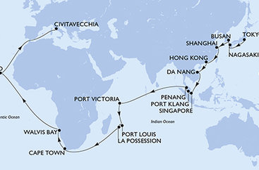 Japonsko, Jižní Korea, Čína, Vietnam, Singapur, Malajsie, Seychely, Mauricius, Reunion, Jihoafrická republika, Namibie, Kapverdy, Itálie z Tokia na lodi MSC Magnifica