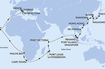 Japonsko, Jižní Korea, Čína, Vietnam, Singapur, Malajsie, Seychely, Mauricius, Reunion, Jihoafrická republika, Namibie, Kapverdy, Itálie z Tokia na lodi MSC Magnifica