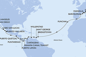 Itálie, Francie, Španělsko, Portugalsko, Barbados, Grenada, Curacao, Kolumbie, Kostarika, Panama, Guatemala, Mexiko, USA z Janova na lodi MSC Magnifica