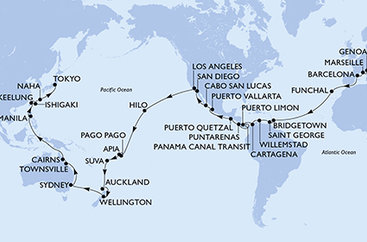 Itálie, Francie, Španělsko, Portugalsko, Barbados, Grenada, Curacao, Kolumbie, Kostarika, Panama, Guatemala, Mexiko, USA, Americká Samoa, Samoa, Fidži, Nový Zéland, Austrálie, Filipíny, Tchaj-wan, Japonsko z Janova na lodi MSC Magnifica