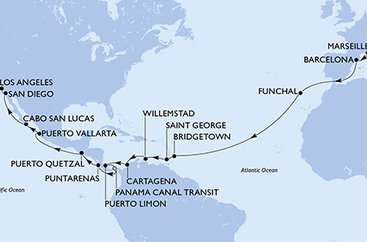 Francie, Španělsko, Portugalsko, Barbados, Grenada, Curacao, Kolumbie, Kostarika, Panama, Guatemala, Mexiko, USA z Marseille na lodi MSC Magnifica