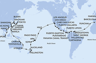 Francie, Španělsko, Portugalsko, Barbados, Grenada, Curacao, Kolumbie, Kostarika, Panama, Guatemala, Mexiko, USA, Americká Samoa, Samoa, Fidži, Nový Zéland, Austrálie, Filipíny, Tchaj-wan, Japonsko, Jižní Korea, Čína, Vietnam, Singapur z Marseille na lodi MSC Magnifica