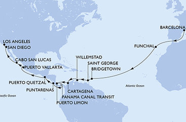 Španělsko, Portugalsko, Barbados, Grenada, Curacao, Kolumbie, Kostarika, Panama, Guatemala, Mexiko, USA z Barcelony na lodi MSC Magnifica