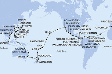 Španělsko, Portugalsko, Barbados, Grenada, Curacao, Kolumbie, Kostarika, Panama, Guatemala, Mexiko, USA, Americká Samoa, Samoa, Fidži, Nový Zéland, Austrálie, Filipíny, Tchaj-wan, Japonsko, Jižní Korea, Čína, Vietnam, Singapur z Barcelony na lodi MSC Magnifica