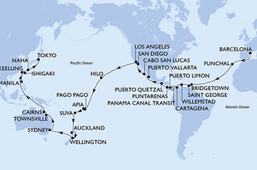 Španělsko, Portugalsko, Barbados, Grenada, Curacao, Kolumbie, Kostarika, Panama, Guatemala, Mexiko, USA, Americká Samoa, Samoa, Fidži, Nový Zéland, Austrálie, Filipíny, Tchaj-wan, Japonsko z Barcelony na lodi MSC Magnifica