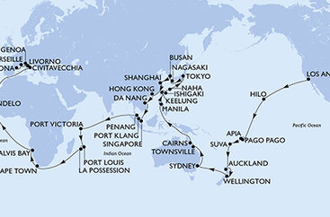 USA, Americká Samoa, Samoa, Fidži, Nový Zéland, Austrálie, Filipíny, Tchaj-wan, Japonsko, Jižní Korea, Čína, Vietnam, Singapur, Malajsie, Seychely, Mauricius, Reunion, Jihoafrická republika, Namibie, Kapverdy, Itálie, Francie, Španělsko na lodi MSC Magnifica