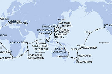 USA, Americká Samoa, Samoa, Fidži, Nový Zéland, Austrálie, Filipíny, Tchaj-wan, Japonsko, Jižní Korea, Čína, Vietnam, Singapur, Malajsie, Seychely, Mauricius, Reunion, Jihoafrická republika, Namibie, Kapverdy, Itálie na lodi MSC Magnifica