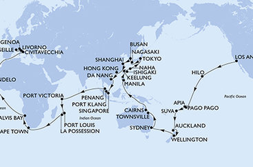 USA, Americká Samoa, Samoa, Fidži, Nový Zéland, Austrálie, Filipíny, Tchaj-wan, Japonsko, Jižní Korea, Čína, Vietnam, Singapur, Malajsie, Seychely, Mauricius, Reunion, Jihoafrická republika, Namibie, Kapverdy, Itálie, Francie na lodi MSC Magnifica
