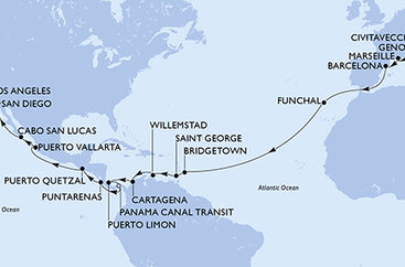 Itálie, Francie, Španělsko, Portugalsko, Barbados, Grenada, Curacao, Kolumbie, Kostarika, Panama, Guatemala, Mexiko, USA z Civitavecchia na lodi MSC Magnifica