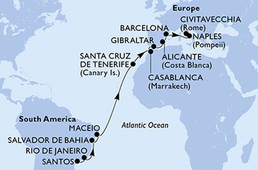 Brazílie, Španělsko, Maroko, Velká Británie, Itálie ze Santosu na lodi MSC Divina