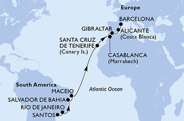 Brazílie, Španělsko, Maroko, Velká Británie ze Santosu na lodi MSC Divina