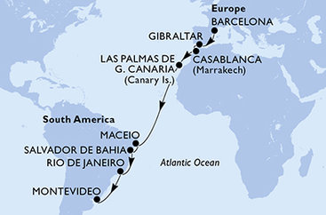 Španělsko, Velká Británie, Maroko, Brazílie, Uruguay z Barcelony na lodi MSC Splendida