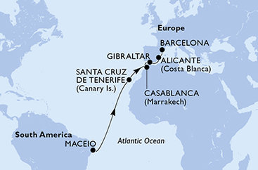 Brazílie, Španělsko, Maroko, Velká Británie z Maceia na lodi MSC Divina