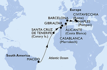 Brazílie, Španělsko, Maroko, Velká Británie, Itálie z Maceia na lodi MSC Divina