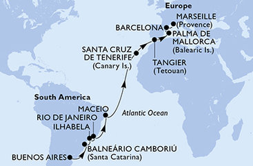 Argentina, Brazílie, Španělsko, Maroko, Francie z Buenos Aires na lodi MSC Fantasia