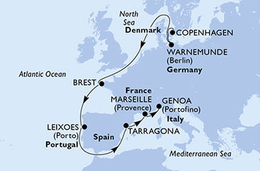 Dánsko, Německo, Francie, Portugalsko, Španělsko, Itálie z Kodaně na lodi MSC Magnifica