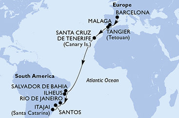 Španělsko, Maroko, Brazílie z Barcelony na lodi MSC Lirica
