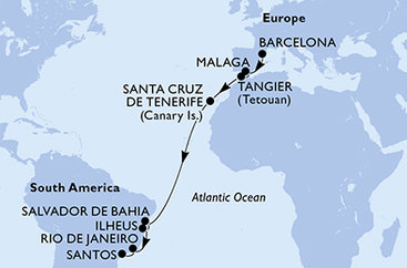 Španělsko, Maroko, Brazílie z Barcelony na lodi MSC Lirica