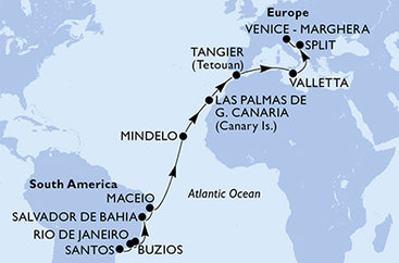 Brazílie, Kapverdy, Španělsko, Maroko, Malta, Chorvatsko, Itálie ze Santosu na lodi MSC Lirica
