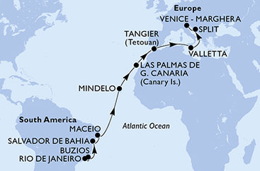 Brazílie, Kapverdy, Španělsko, Maroko, Malta, Chorvatsko, Itálie z Rio de Janeira na lodi MSC Lirica