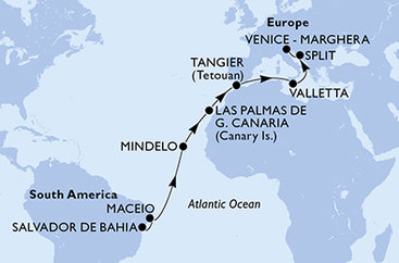 Brazílie, Kapverdy, Španělsko, Maroko, Malta, Chorvatsko, Itálie ze Salvadoru na lodi MSC Lirica