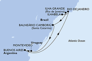 Uruguay, Argentina, Brazílie z Montevidea na lodi MSC Splendida