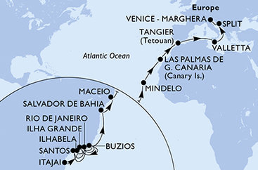 Brazílie, Kapverdy, Španělsko, Maroko, Malta, Chorvatsko, Itálie na lodi MSC Lirica