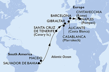 Brazílie, Španělsko, Maroko, Velká Británie, Itálie ze Salvadoru na lodi MSC Divina
