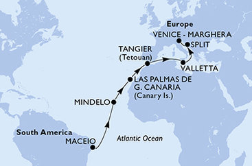 Brazílie, Kapverdy, Španělsko, Maroko, Malta, Chorvatsko, Itálie z Maceia na lodi MSC Lirica