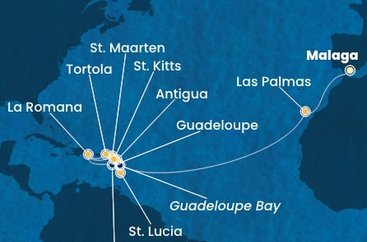 Španělsko, Guadeloupe, Svatý Martin, Dominikánská republika, Svatá Lucie, Antigua a Barbuda, Svatý Kryštof a Nevis, Britské Panenské ostrovy z Málagy na lodi Costa Fascinosa