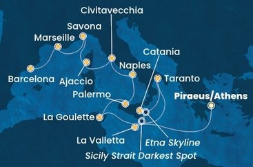 Řecko, Malta, Itálie, Tunisko, Francie, Španělsko z Pirea na lodi Costa Fascinosa