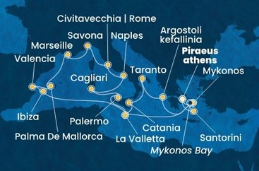 Řecko, Malta, Španělsko, Francie, Itálie z Pirea na lodi Costa Serena