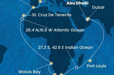 Spojené arabské emiráty, Mauricius, Jihoafrická republika, Namibie, Španělsko, Velká Británie, Itálie z Abu Dhabi na lodi Costa Smeralda